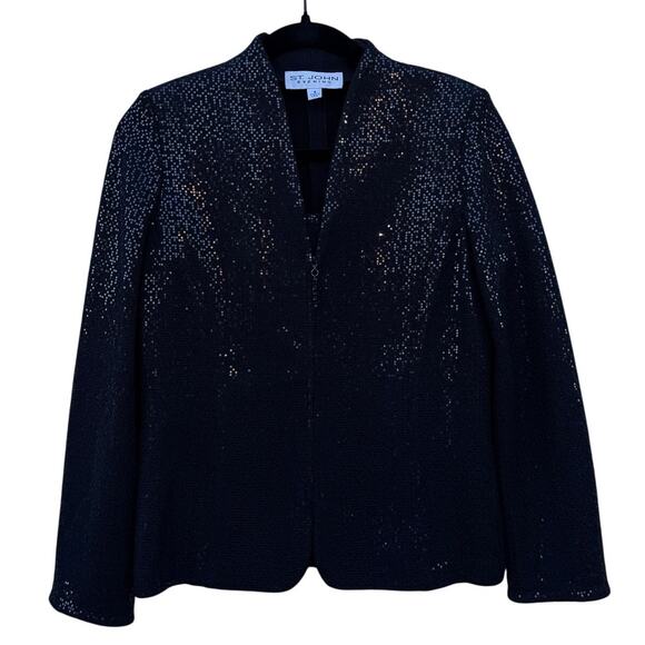 St. John Evening Black Sequined Zip Front Santana Knit Blazer Jacket Size 4 - Picture 1 of 7